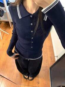 Blusa de lana con diseño de botones, cuello con muesca y dobladillo para mujeres, estilo coreano casual de calle y transporte, otoño Nora Noon Y2K