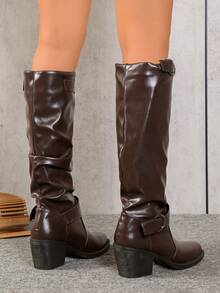 Women's Brown Fashion Mid-Calf Boots, Single-Lined Spring/Autumn Dress Boots, New Buckle Strap European & American Niche Thick Heel Chunky Sole Lightweight Western Slouchy Autumn/Winter Retro Motorcycle Boots, Slimming