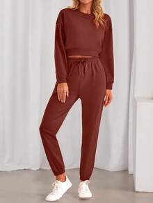 Women Fall 2 Piece Outfits Casual Long Sleeve Crop Top Drawstring Pant Jogger Suit Jumper Sportswear Sweatsuits Tracksuit Matching Set - 磚紅色 - 查看 3