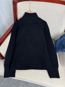 Cárdigan suelto de punto coreano Wixra, cuello alto, manga raglán, diseño de cremallera de doble vía, unicolor, estilo universitario, esencial para capas en otoño/invierno - Negro - Ver 4