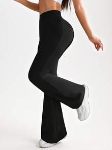SHEIN Sports Women's Solid Color Ruched Flare Leg Casual Fitness Yoga Pants - Black - View 7