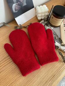 1 Pair Women's Solid Color Rabbit Thermal Lined Double-Layer Thick Knitted Fingerless Gloves, Suitable For Parties, Driving, Cycling, Hiking, Running, Keeping Warm In Cold Weather