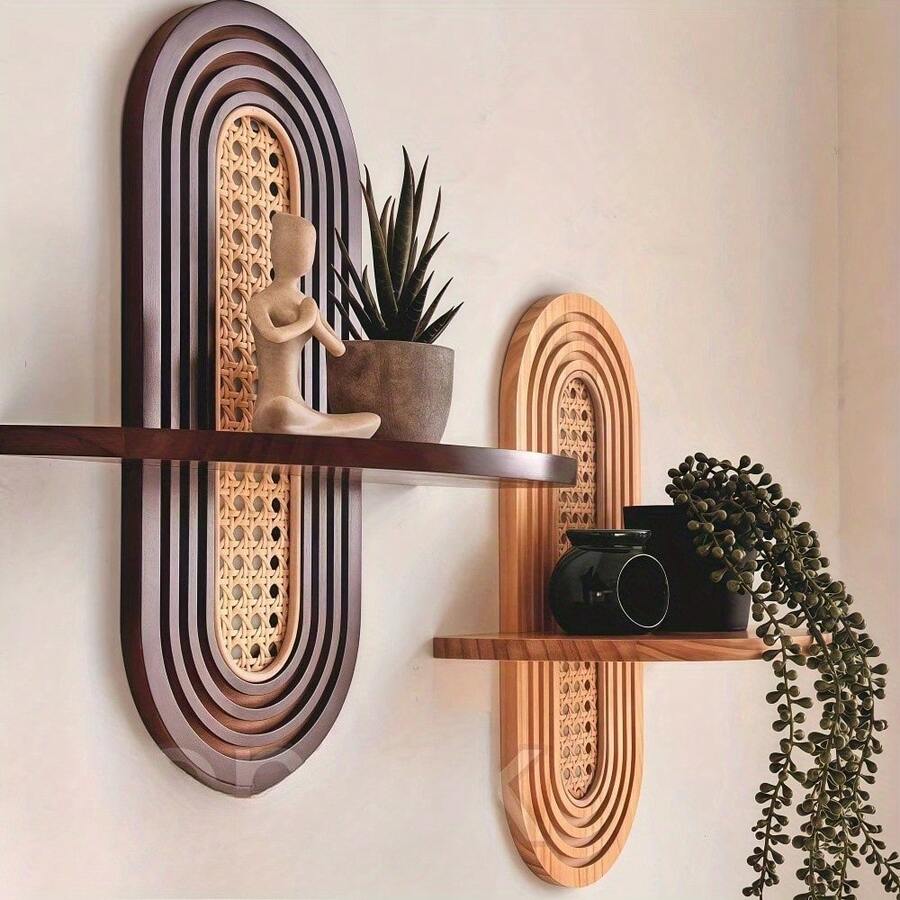 1pc Arched Bohemian Floating Shelf – Natural Wood & Woven Rattan Back, Easy Hanging, For Living Room/Bedroom/Bathroom (Displays Plants/Photos,  Home Decor Shelf) - Nâu sẫm - Xem 1