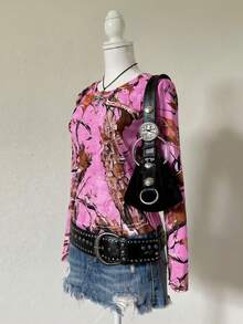 DEAR MOLLY 女士 Y2K 街头风树枝迷彩印花圆领 T 恤，时尚休闲百搭叠穿短袖 T 恤 - 粉色 - 查看 4