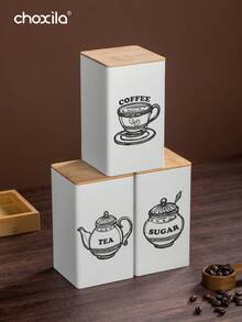 choxila 3件套咖啡储存罐茶叶零食咖啡豆储存罐竹盖铁艺展示方形罐