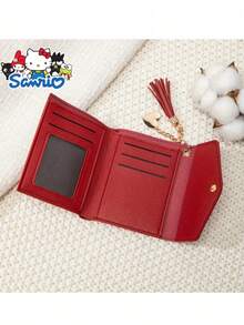 Sanrio Hello Kitty 女孩迷你钱包 - 小巧轻便的三折设计，按扣闭合，多个卡槽和流苏装饰 - 日常必备小包（黑色），可爱风格，卡包，流苏装饰