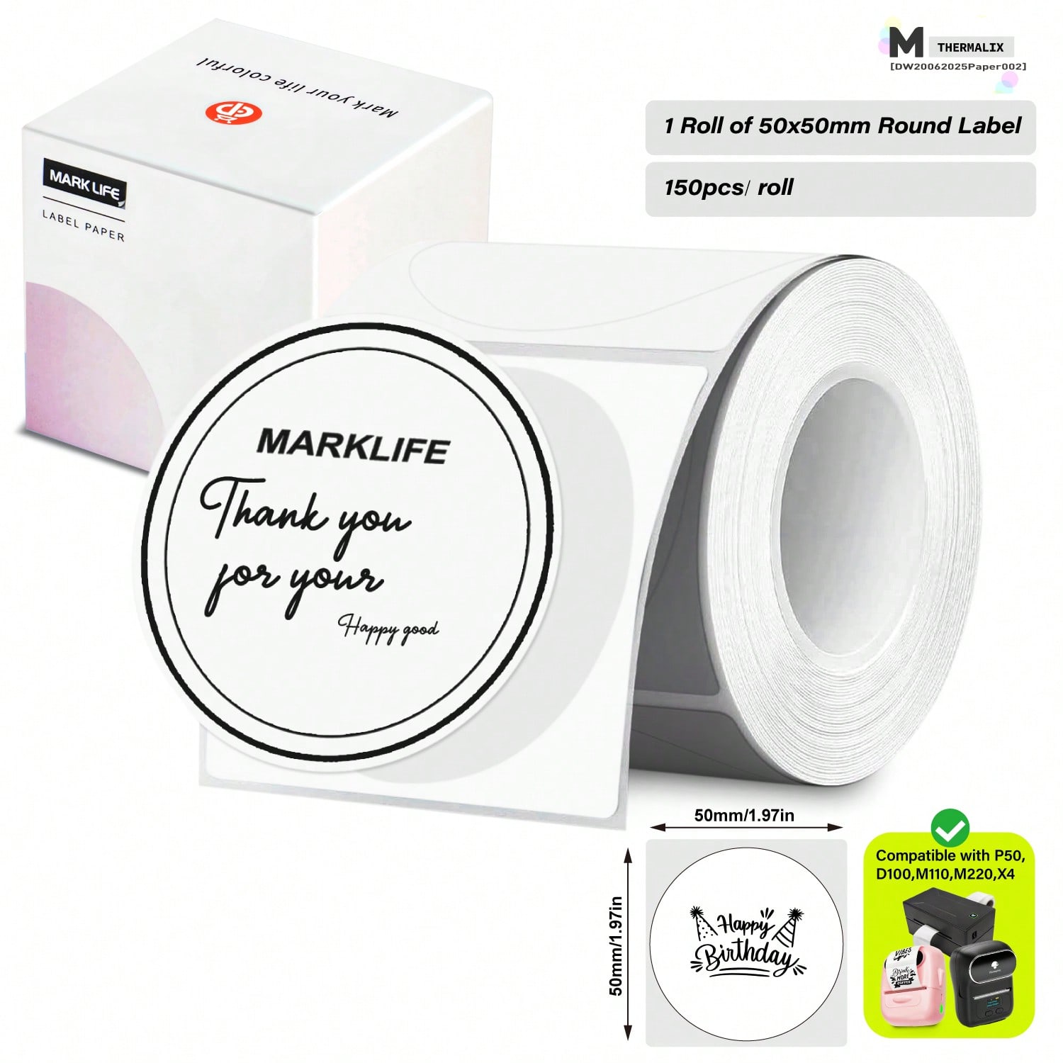 Marklife 2 Inch 50*50mm White Circle Thermal Labels, Self-Adhesive Round Labels Paper, Multi-Purpose Roll Direct Thermal Stickers For Small Business, DIY Logo Design, Barcode, Name Tag, Gift, Black On White, 150 Lables/1 Roll, 1.96"X1.96"