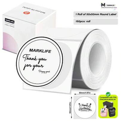  Marklife 2 英寸 50*50 毫米白色圆形热敏标签，自粘圆形标签纸，多用途卷式热敏贴纸，适用于小型企业、DIY 徽标设计、条形码、姓名标签、礼品、白底黑字，150 个标签/1 卷，1.96 英寸 X 1.96 英寸