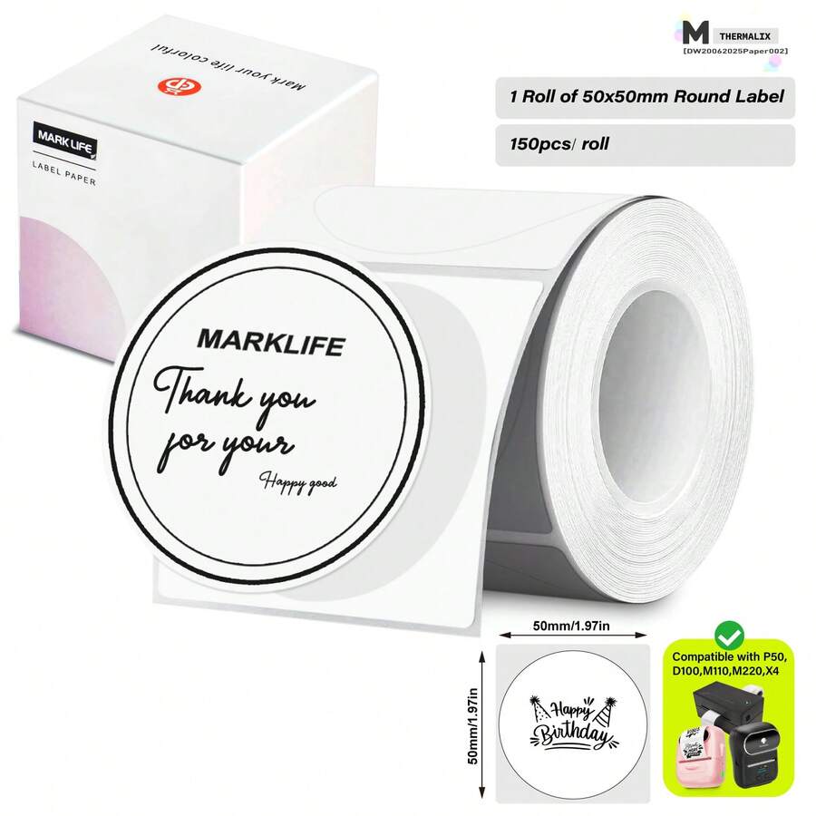 Marklife 2 Inch (50*50mm) White Round Thermal Labels, Self-Adhesive Round Label Paper, Multi-Purpose Roll Direct Thermal Labels, Suitable For Small Business, DIY Logo Design, Barcode, Name Labels, Gifts, Etc., Black Background White Text, 150 Sheets/Roll, 1.96 Inch X 1.96 Inch - White - View 1