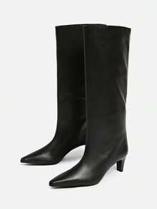 秋冬新款棕色绒面革细跟高筒靴，百搭女靴，细跟 - 黑色 - 查看 10