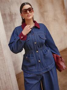 Sollinarry 2 st plus size kvinnor denim kontrastfärgad knapp framtill i midjan med fickdekor, jacka, topp och byxor, höst/vinter - Denimblå - Visa 2