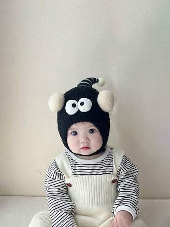 1 Piece Of Baby Beanie With Funny Eyes For Autumn & Winter (Unisex For Boys & Girls) - Thickened Plush Hat - Warm Ear-Protective Baby Hat