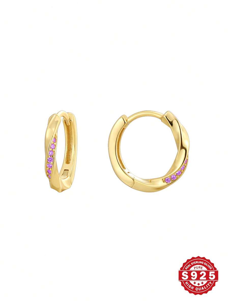 1 对 925 纯银耳环，方晶锆石镶嵌莫比乌斯环设计耳环，适合女士，1.7 厘米，适合情人节、生日、母亲节、感恩节，附赠精美礼盒 - 紫色 - 查看 1