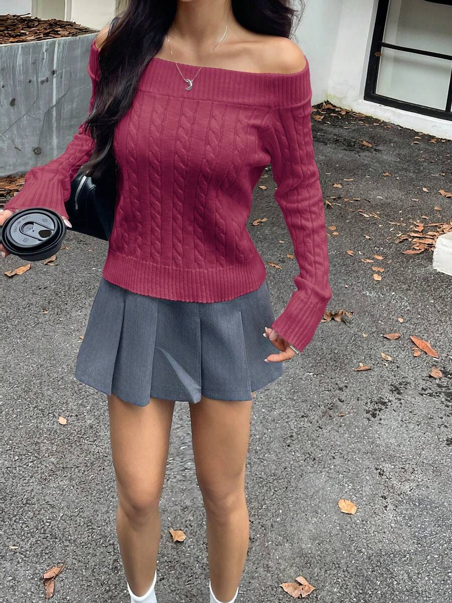 女士秋季露肩毛衣休闲长袖适合生日装、圣诞装和日常穿着 - 酒紅色 - 查看 1