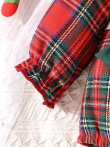 Baby Girls' Peter Pan Collar Cute Striped & Plaid Christmas Atmosphere Fashion Adorable Long Sleeve Bodysuit, Spring/Autumn - Red - View 7