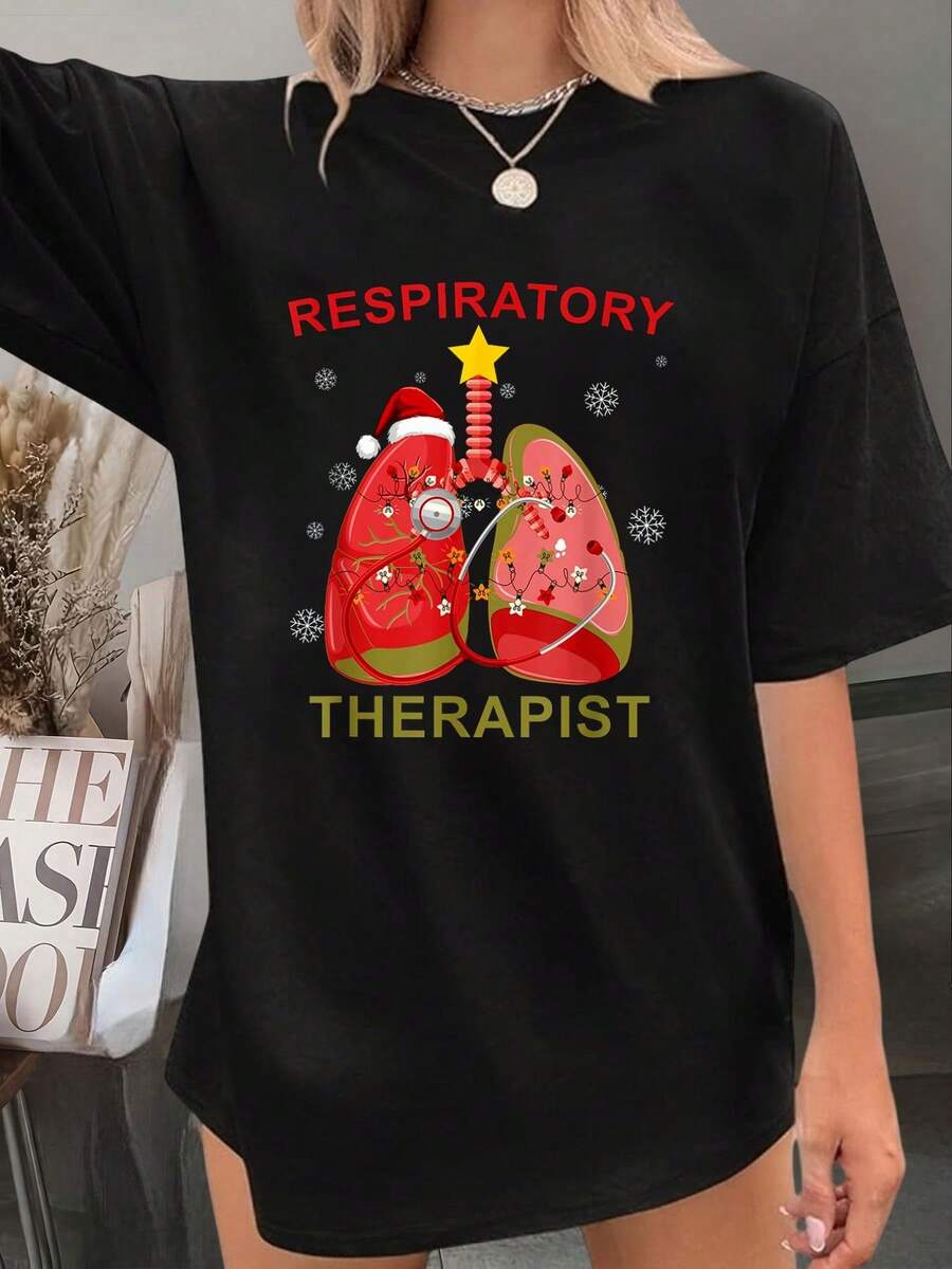 Camiseta de mujer con estampado floral de enfermera RN - Camiseta con estampado de letras de Feliz Navidad y copos de nieve, 100% algodón, top de otoño navideño para mujeres - Rojo y blanco - Ver 1