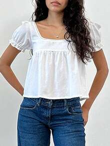 Women Y2k Fairy Grunge Tube Tops Solid Color Square Neck Ruffle Sleeve Babydoll Shirts Summer Fashion Casual Tops Streetwear - trắng - Xem 3