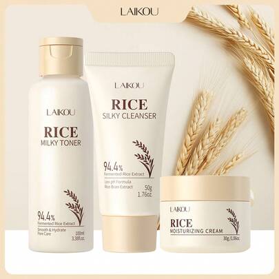 LAIKOU 来口三件套保湿大米护肤套装，包含保湿爽肤水、柔滑面霜和温和洁面乳，紧致肌肤，送给妈妈的绝佳礼物，面部护理SPA