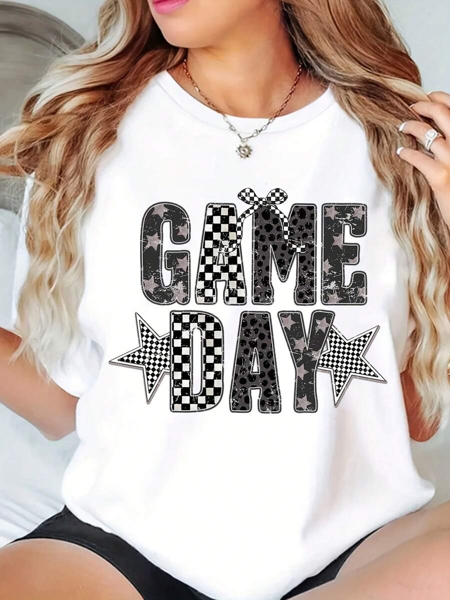 Vintage Style Black White Game Day Camo Checkered Flag T-Shirt For Sports Events,220g - White - View 1