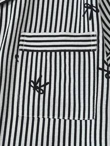 2pcs Comfortable Blue Striped Heart Collar Button Short Sleeve Top With Pocket And Bow Shorts Pajama Set, Suitable For Home Wear, Spring/Summer - Black - View 5