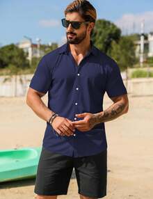 URRU Men's Muscle Dress Shirts Collared Stretch Short Sleeve Casual Button Down Shirts For Men - 深藍色 - 查看 2