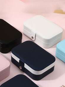 1 pezzo Scatola da viaggio per gioielli, piccola scatola di stoccaggio in pelle sintetica, scatola per gioielli con bottone, scatola collezione gioielli, scatola porta anelli, adatta per donne e ragazze, portatile a doppio strato, utilizzata per conservare orecchini, anelli, collane