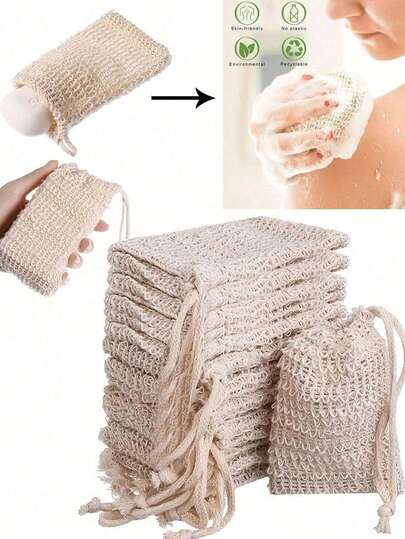 5/3pcs Reusable Exfoliating Soap Saver Pouch, Sisal Soap Bag With Drawstring, Soap Saver Bag, Knotted Shower Soap Bag For Foaming And Drying, Body Scrubber, Back Scrubber Skin Smoother For Exfoliating Dirt And Dead Skin, Body Cleaning Tools, Bathroom Supplies, Bathroom Accessories Home Bathroom Decor Summer