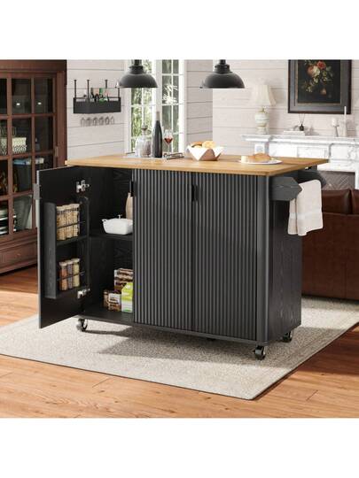 Kitchen Isl Wood Grain Dining Cart, Buffet, 130x45(75)X92cm, Rolling Trolley Towel Holder, Spice Rack, Adjustable Dividers, Doors, White/Black view 3