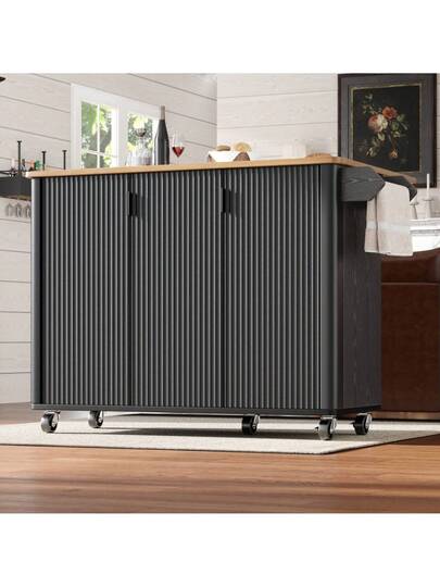 Kitchen Isl Wood Grain Dining Cart, Buffet, 130x45(75)X92cm, Rolling Trolley Towel Holder, Spice Rack, Adjustable Dividers, Doors, White/Black view 4