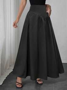 Elegant Women's A-Line Skirt, Suitable For Dates, Student Wear, Daily Travel, Versatile, Casual, Beach And Other Occasions. Elegant And Casual Women's A-Line Skirt, Solid Color, Waist-Shaping, Pleated Design, Woven Fabric, Available In Multiple Colors, Suitable For Outings And Can Also Be Worn As Loungewear. - Black - View 7