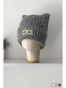 Gorro de punto de unicolor con aplicación de orejas de gato, gorro de punto unisex simple y versátil con protección de orejas cálida, nuevo y adorable gorro de punto con orejas de gato para mujeres, gorro de punto grueso y cálido con protección de orejas para otoño/invierno