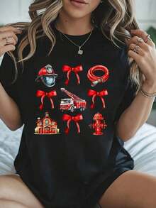 Camiseta Vintage Feliz Navidad Camión Rojo Estilo Antiguo - Camiseta de otoño para mujeres 100% algodón de manga corta, camiseta con patrón de copo de nieve navideño y diversión familiar - Rosa - Ver 1
