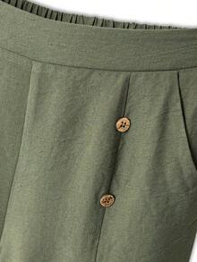 四季新款复古橄榄绿修身腰亚麻侧单排木质假纽扣开衩阔腿休闲女裤垂坠亲肤面料显瘦高挑百搭通勤裤松紧腰宽松直筒阔腿口袋设计舒适透气女裤 - 墨綠色 - 查看 5