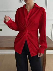 Women Drop Shoulder Solid Color Long Sleeve Twist Knot Blouse - Red - View 3