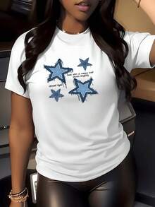 Camiseta Blanca Mujer Estrellas Denim Camisa de T con Estampado Digital 220 Gramos de diseño gráfico moderno y versátil 1 unidad de Camisa de T de Manga Corta para Mujer 100% algodón Estilo Casual y Cuello Redondo - Blanco - Ver 1
