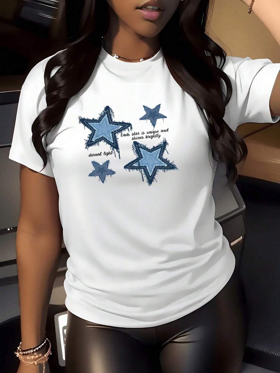Camiseta Blanca Mujer Estrellas Denim Camisa de T con Estampado Digital 220 Gramos de diseño gráfico moderno y versátil 1 unidad de Camisa de T de Manga Corta para Mujer 100% algodón Estilo Casual y Cuello Redondo - Blanco - Ver 1