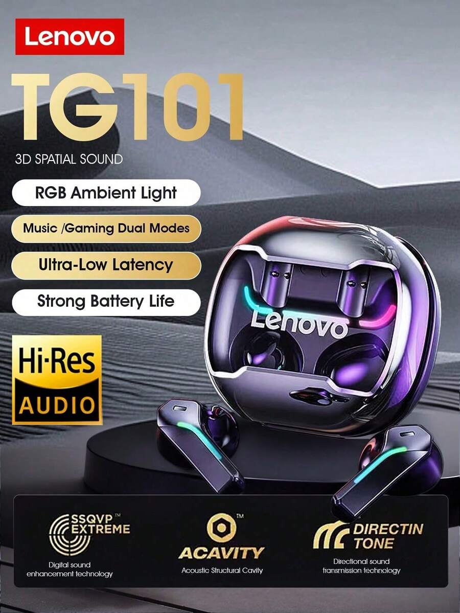 PHILIPS Tai nghe không dây Lenovo True Wireless, Tối ưu hóa cho chơi game, Độ trễ thấp, Đèn RGB, Tuổi thọ pin dài, Chất lượng âm thanh Hi-Fi, Mẫu mới TG101 năm 2025 - màu đen - Xem 1