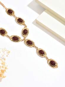 1 chiếc vòng cổ dài tua rua hình chữ Y đính đá quý màu đỏ giả thời trang cổ điển, trang sức to bản, vòng cổ vàng dày hình học sang trọng phong cách Baroque của Pháp, phù hợp cho trang phục hàng ngày, dự tiệc, dự tiệc của phụ nữ - Vàng - Xem 3