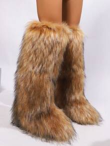 New Winter Warm Plush Faux Fur Snow Boots In Black And Brown Ankle Length, With Soft Lining And Comfortable One Foot Design, Suitable For Outdoor And Indoor Wear In Cold Weather. Men's And Women's Couple Snow Boots, Christmas And Halloween Fashion Outdoor Warm Boots, Faux Fur Long Fur Floor Boots, Classic And Versatile Snow Boots For Women, Black Knee High Boots - 棕色 - 查看 2