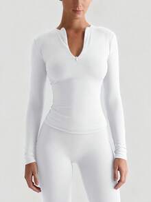 XLLAIS Women's Fashion Half Zip Tight Fit White T-Shirt, Stretchy Casual Long Sleeve Solid White Top, Autumn Apparel Spring - White - View 3