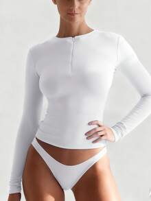 XLLAIS Women's Fashion Half Zip Tight Fit White T-Shirt, Stretchy Casual Long Sleeve Solid White Top, Autumn Apparel Spring - White - View 7