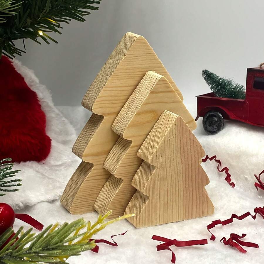 3pcs Unfinished Christmas Decorations, Winter Snowflake Decor, Christmas Tree, Snowflake, Star Craft Wood Slices, Layered Tray Decor, DIY Craft Wood Shapes, DIY Christmas Decor Blank Wood Slices, Home Decor, Room Decor, Christmas Ornaments - Wood Color - View 1