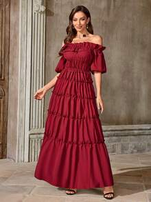 中世纪公主风格露肩泡泡袖层叠荷叶边连衣裙 - 酒紅色 - 查看 3