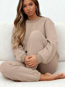 Women's Autumn And Winter Simple Solid Color Loose Pullover Sweatshirt + Solid Color Elastic Waist Cuffed Long Pants Casual, Fashionable, Temperamental, Commuting, Versatile Two-Piece Set - Màu be - Xem 5