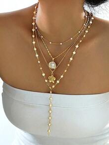 4pcs Fashionable Minimalist Bohemian Shell Flower & Faux Pearl Y-Necklace Set, Versatile For Vacation, Date, Party, Gift, Daily Wear - 黃金 - 查看 1