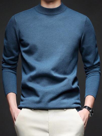 Men's Stand Collar Long Sleeve Solid Color Minimalist Casual Lightweight Knit Sweater, Autumn/Winter