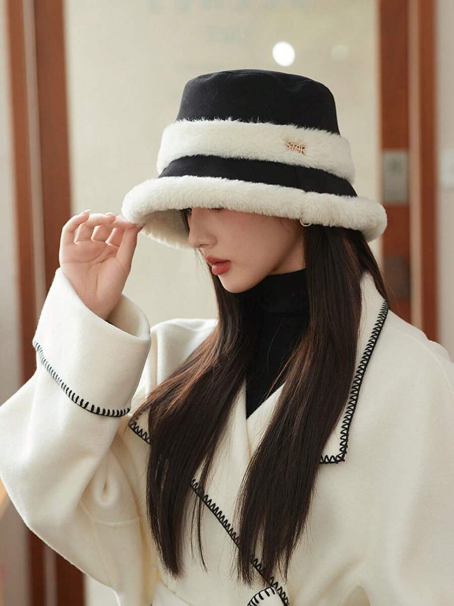 1pc Women's Autumn/Winter Plush Patchwork Bucket Hat, Warm Thermal Lined, Windproof, Ear Protection, Suitable For Daily Wear Winter Warm