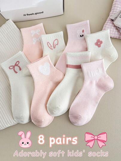 8 Pairs Cartoon Rabbit Print Girls Crew Socks (3-12 Years Old) - Soft, Cute, Versatile Socks With Heart And Bow Design For Little Princess, Suitable For Daily Wear And Outings