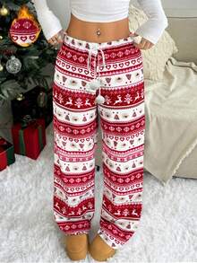 优雅条纹圣诞女装，秋冬服饰，圣诞鹿毛绒球抽绳圣诞睡衣，保暖内衬裤 - 紅色 - 查看 1