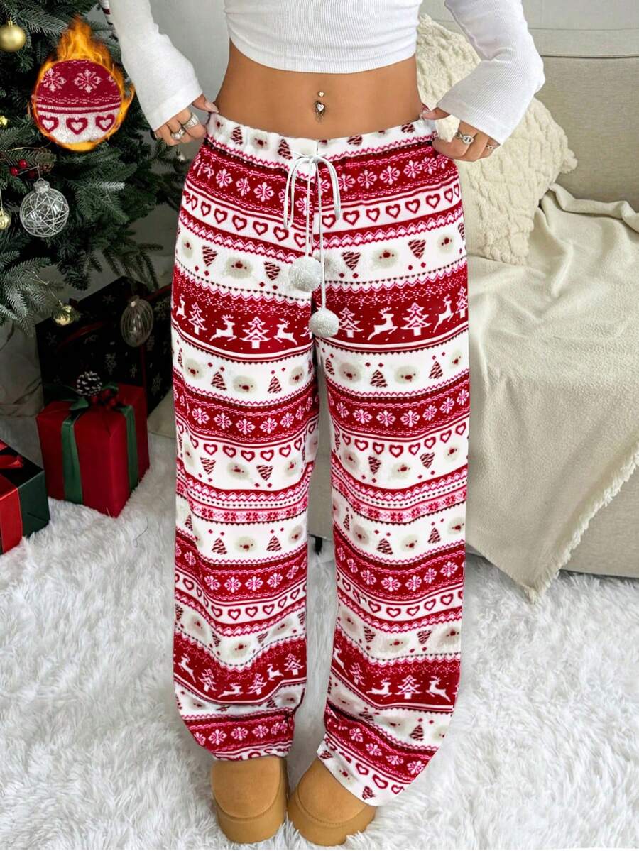 优雅条纹圣诞女装，秋冬服饰，圣诞鹿毛绒球抽绳圣诞睡衣，保暖内衬裤 - 紅色 - 查看 1